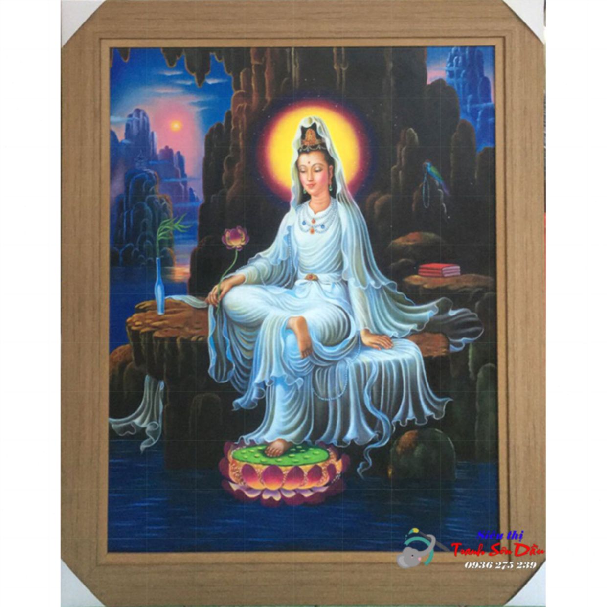 Tranh Phật Bà Quan Âm Ngồi Sơn Dầu Canvas Khung Gỗ Cao Cấp 
