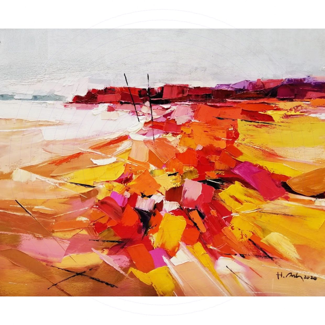 Tranh Hoàng Anh Ráng Chiều Sơn Dầu Sang Trọng, 100x120cm 
