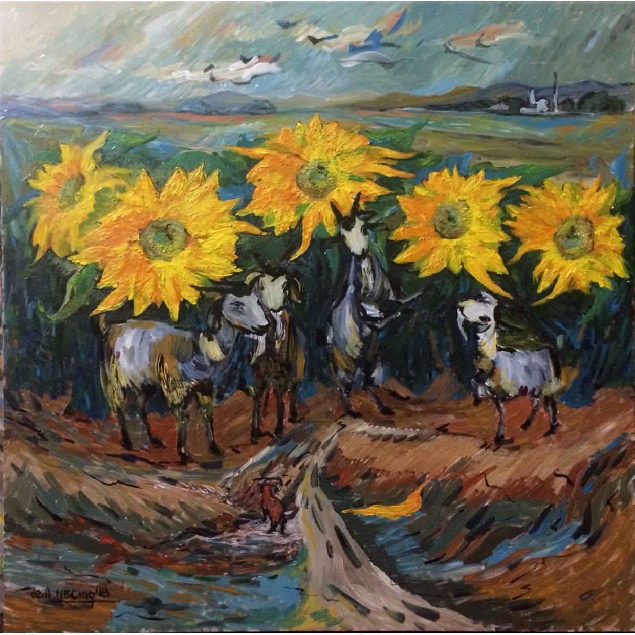 Tranh Hoa Hướng Dương và Dê đẹp Kích thước 62x62cm 