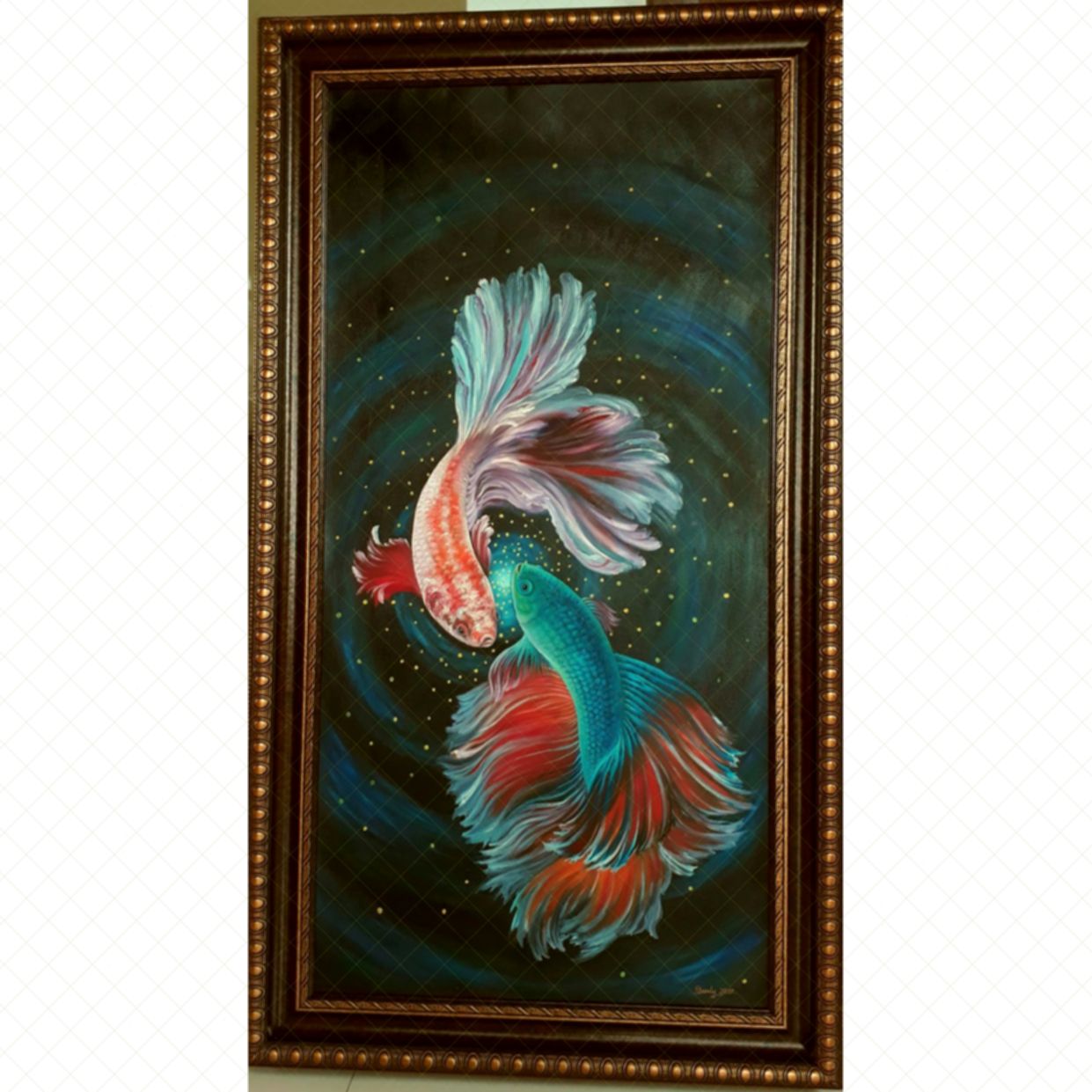 Tranh Sơn Dầu Song Ngư Đàm Ly 100x50cm Khung Đẹp Màu Sắc Nổi Bật 