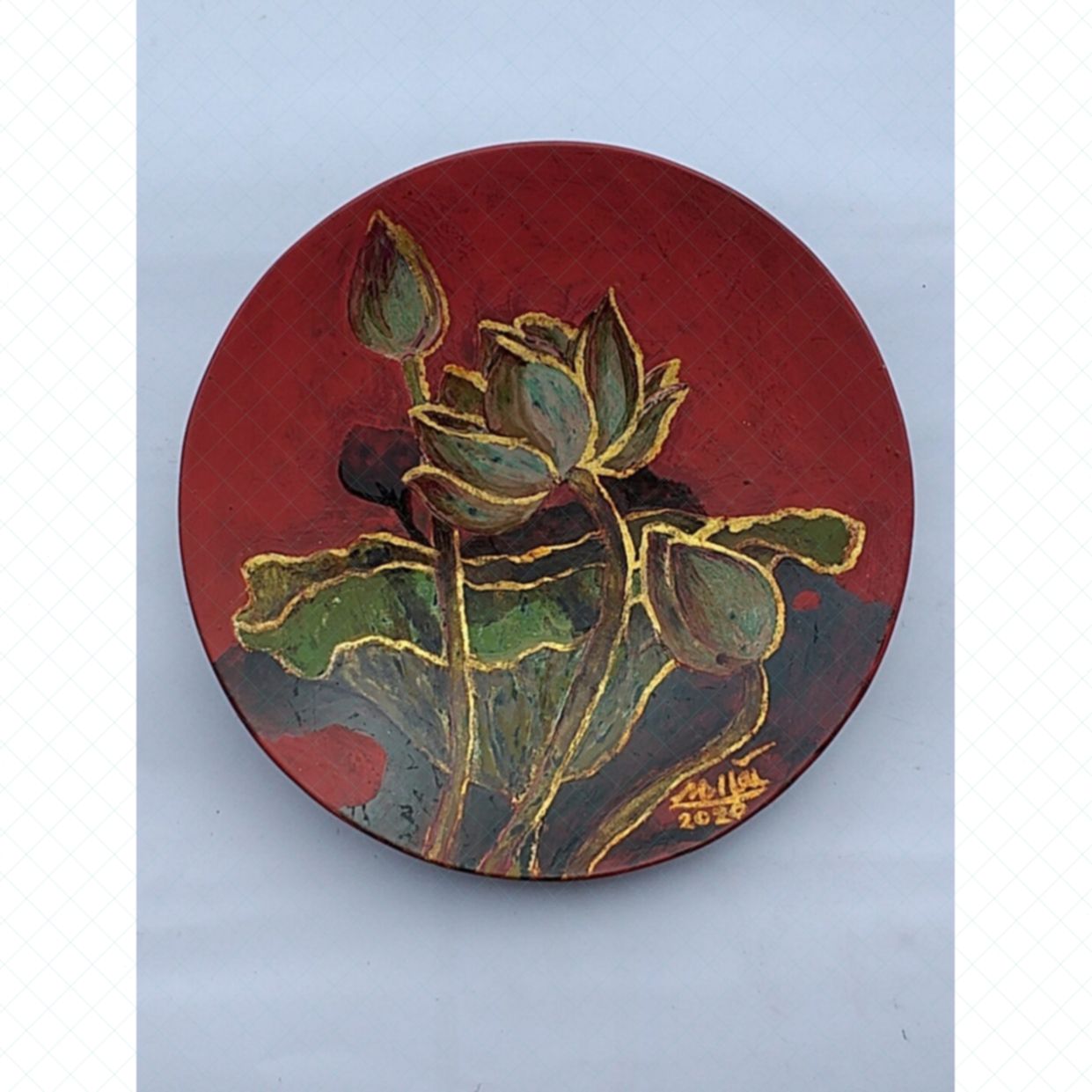 Tranh Sen 9 Sơn Mài Quà Tặng Sang Trọng Đường Kính 30cm 