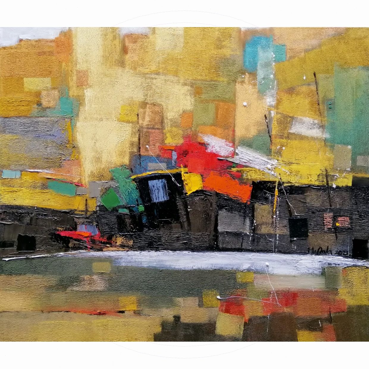 Tranh Sơn Dầu Hoàng Anh Xóm Nghèo Bên Sông 120x140cm Đẹp Sang 