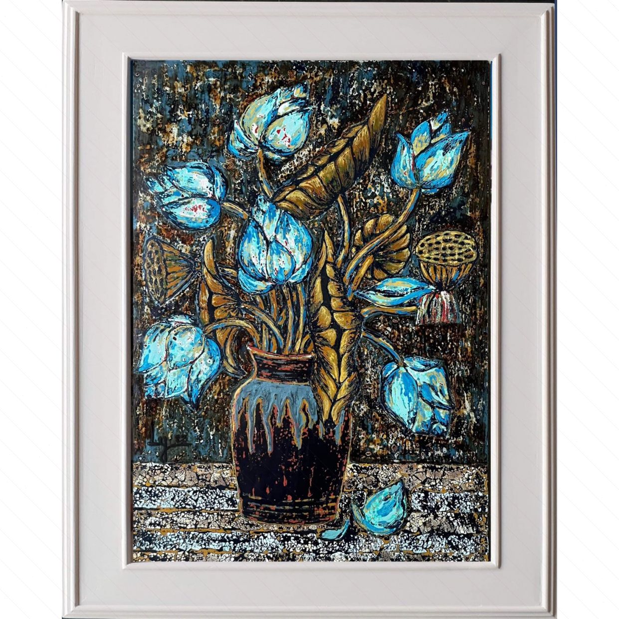 Tranh Hoa Sen Xanh Sơn Mài Độc Bản Kích Thước Lớn 50x70cm 