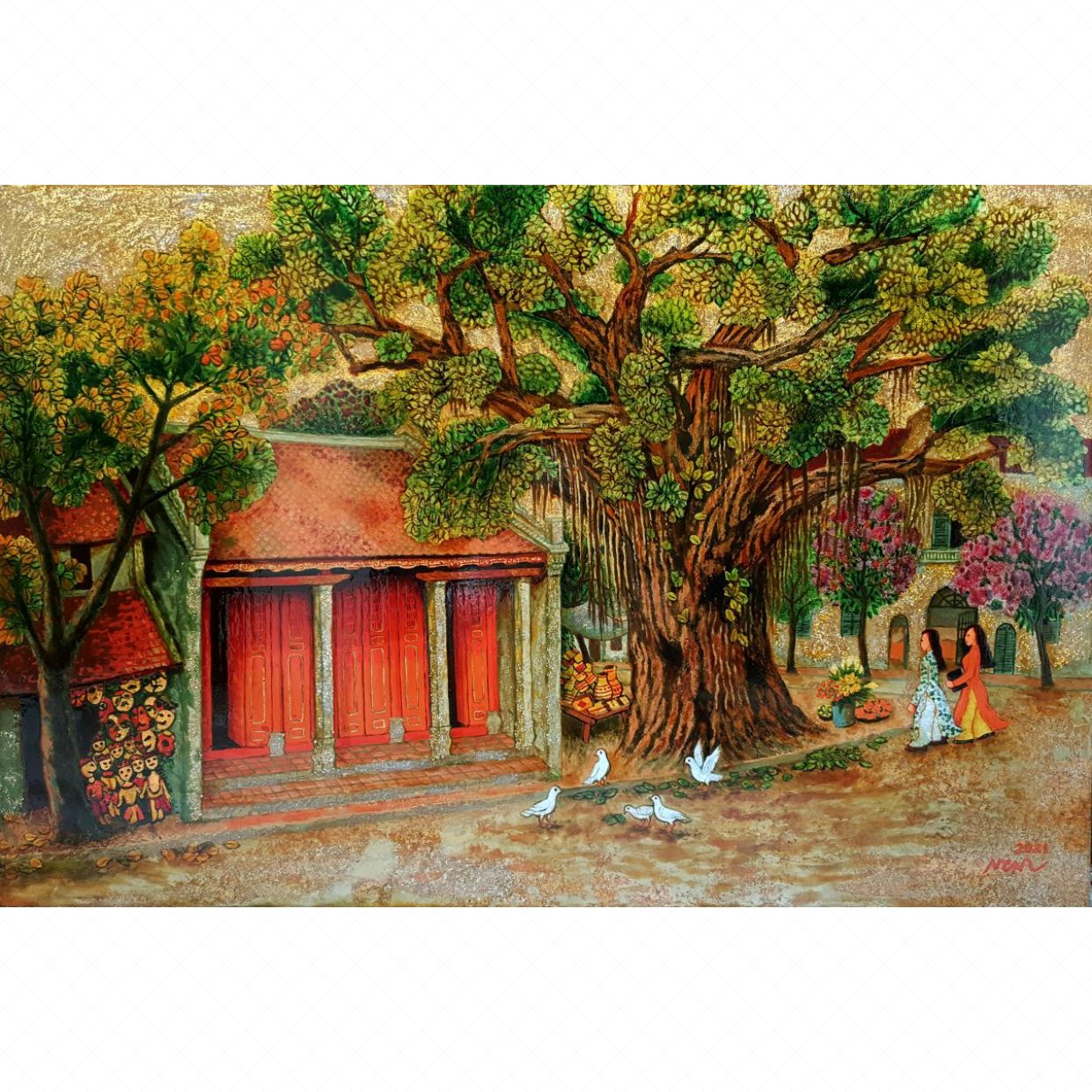 Tranh Sơn Mài Đền Bà Kiệu 80x120cm độc bản cao cấp nghệ thuật 