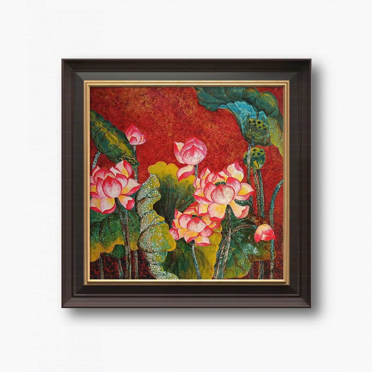 Tranh Sơn Mài Hoa Sen Độc Bản 60x60cm Sang Trọng Trang Trí 