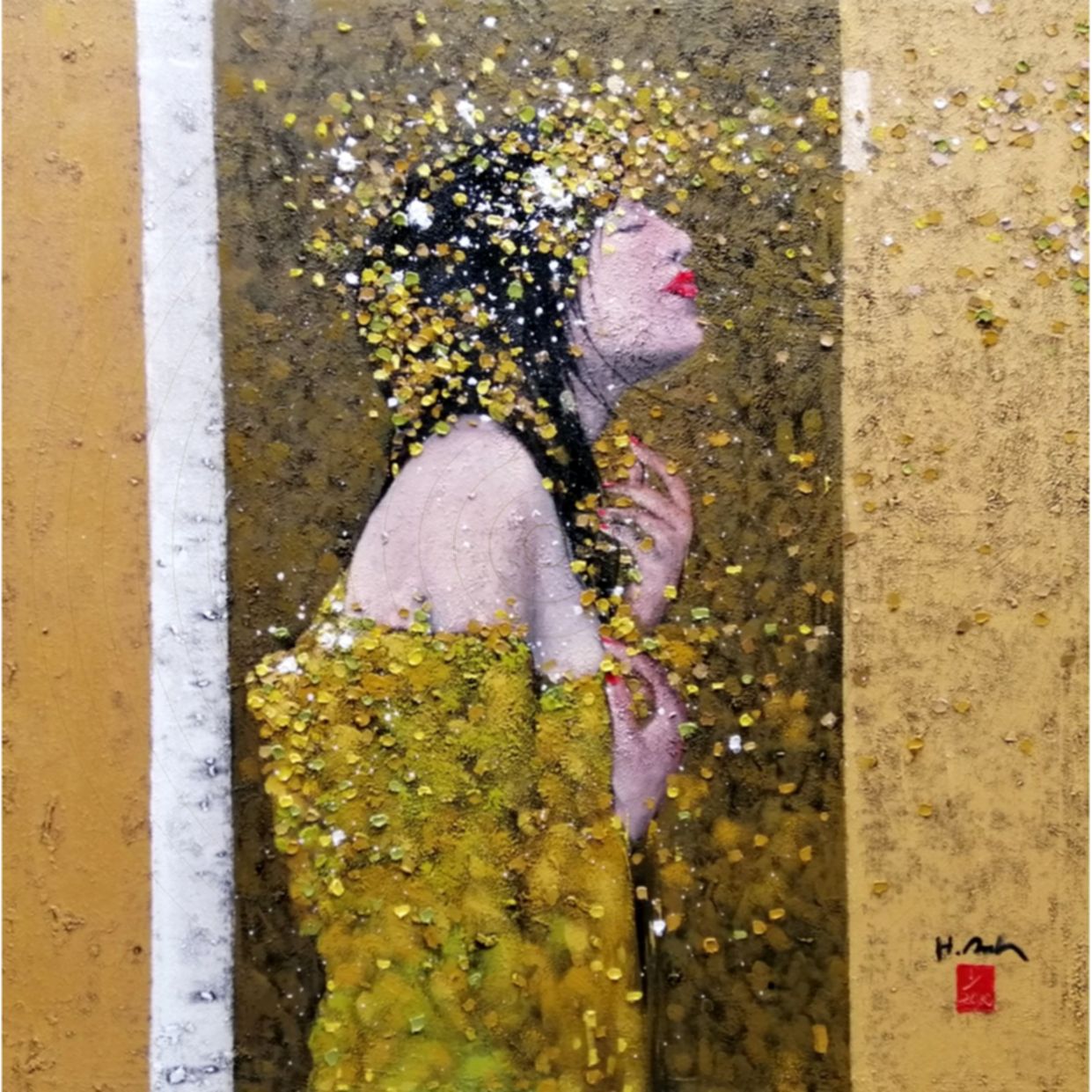 Tranh Hoàng Anh Gió thu Sơn dầu Toan 120x120cm Độc bản 