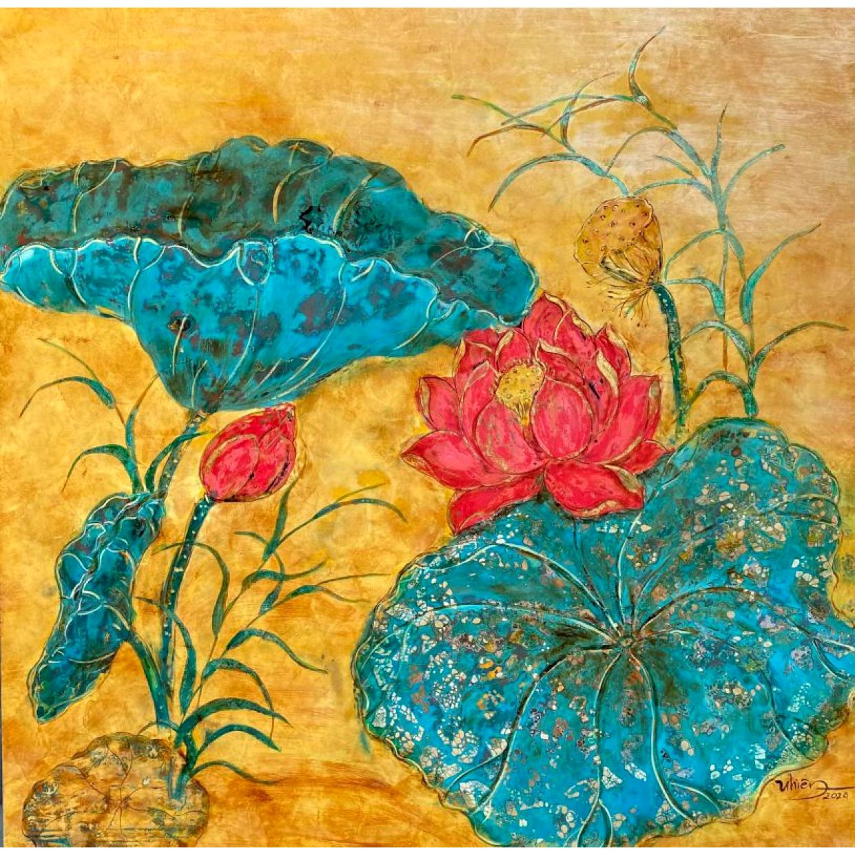 Tranh Sơn Mài Hoa Sen Thanh Bình 60x60cm Độc Bản 2024 