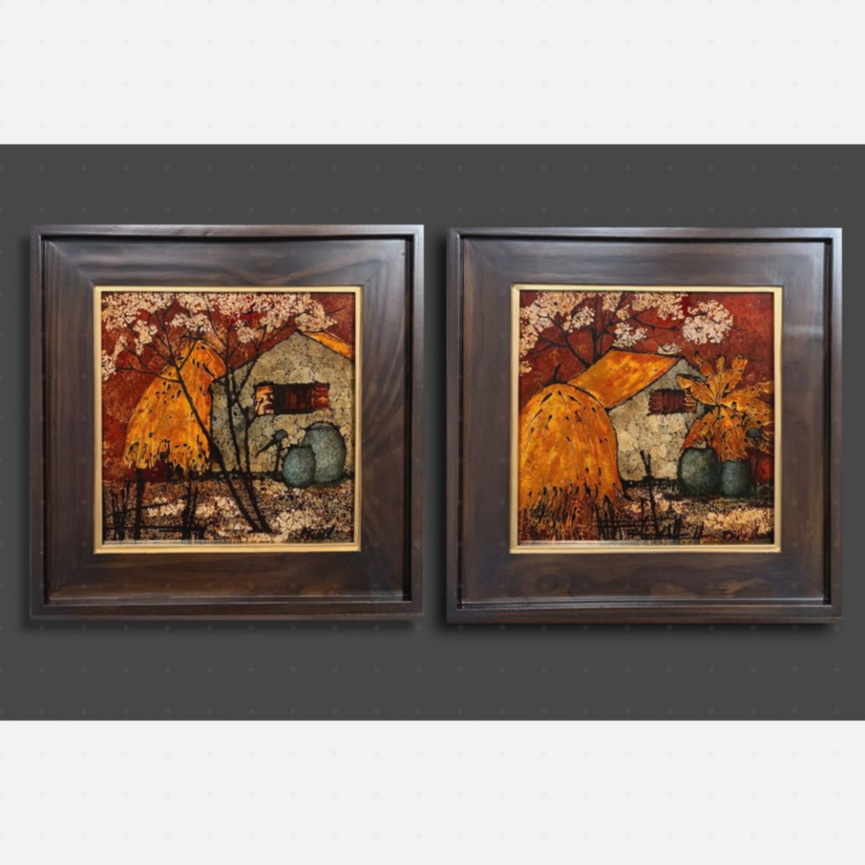 Tranh Quà Tặng Góc Nhỏ Quê Nhà Sơn Mài 30x30cm Bộ 2 Tấm 