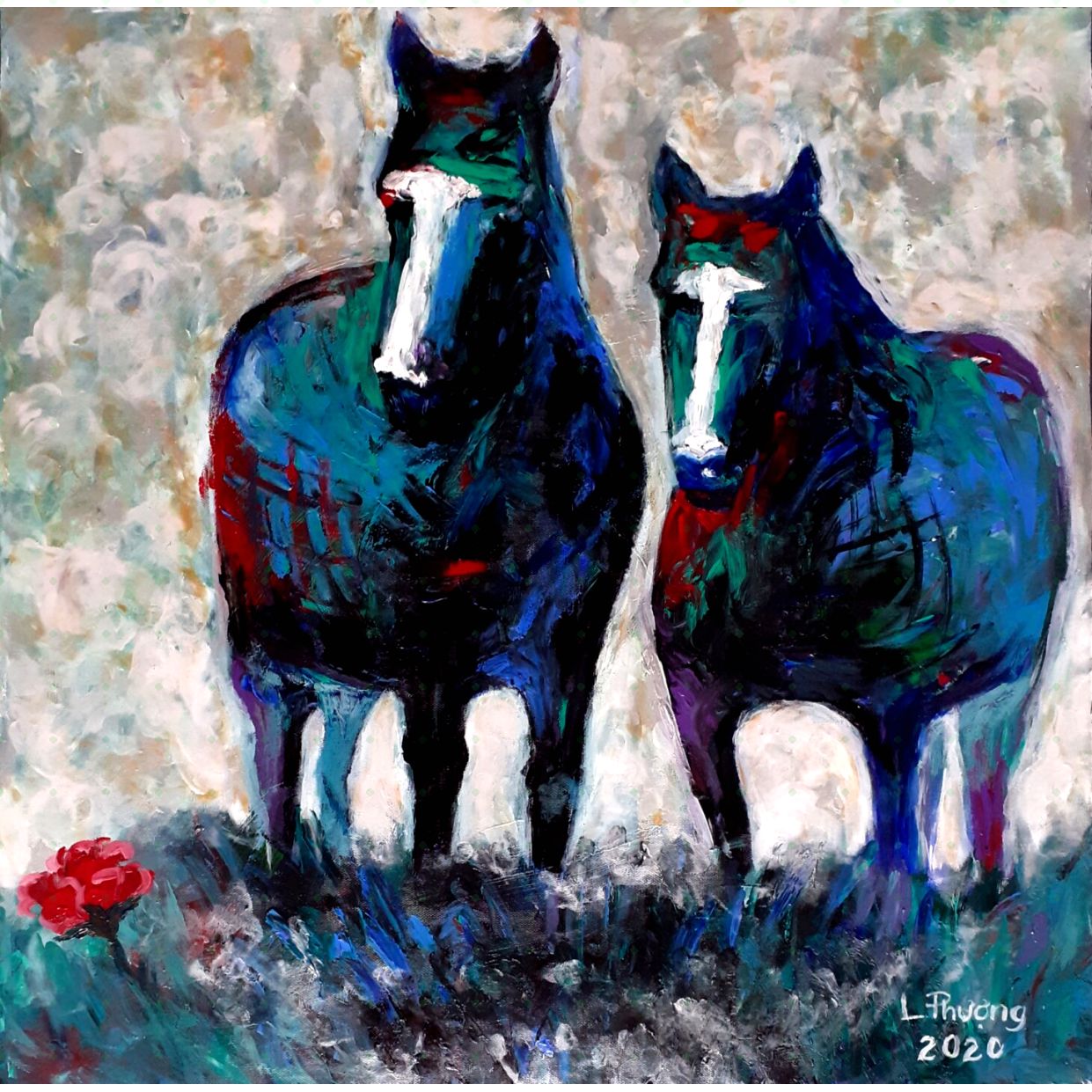 Tranh trừu tượng đẹp cánh đồng sương canvas acrylic 