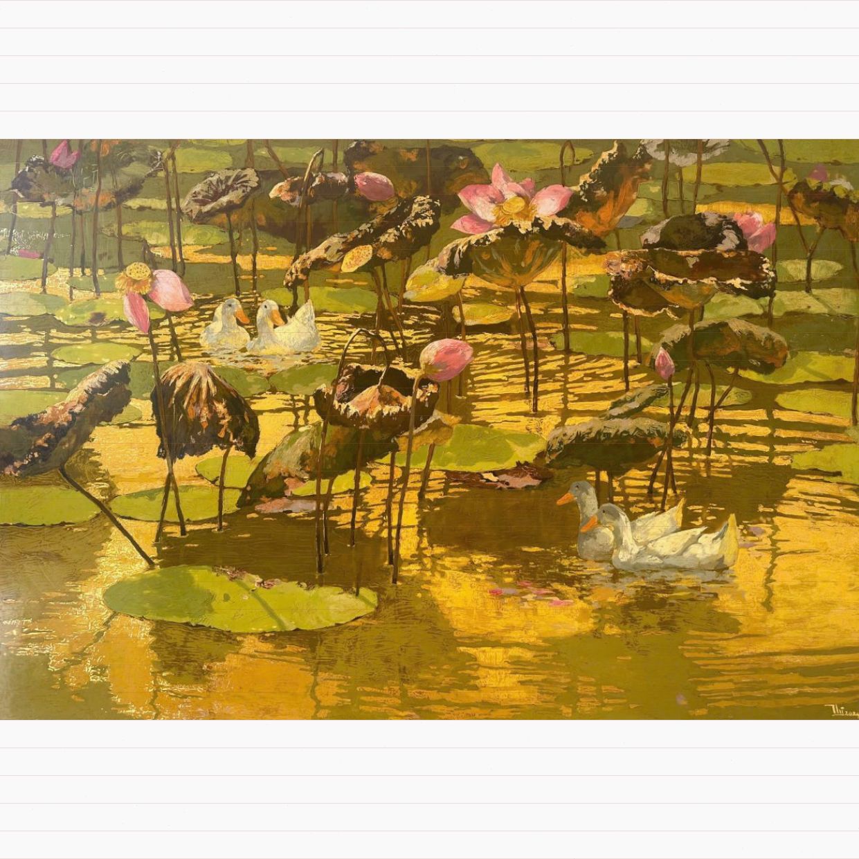 Tranh Sơn Mài Hoa Sen Hạ Vàng 80x120cm Độc Bản Cao Cấp 
