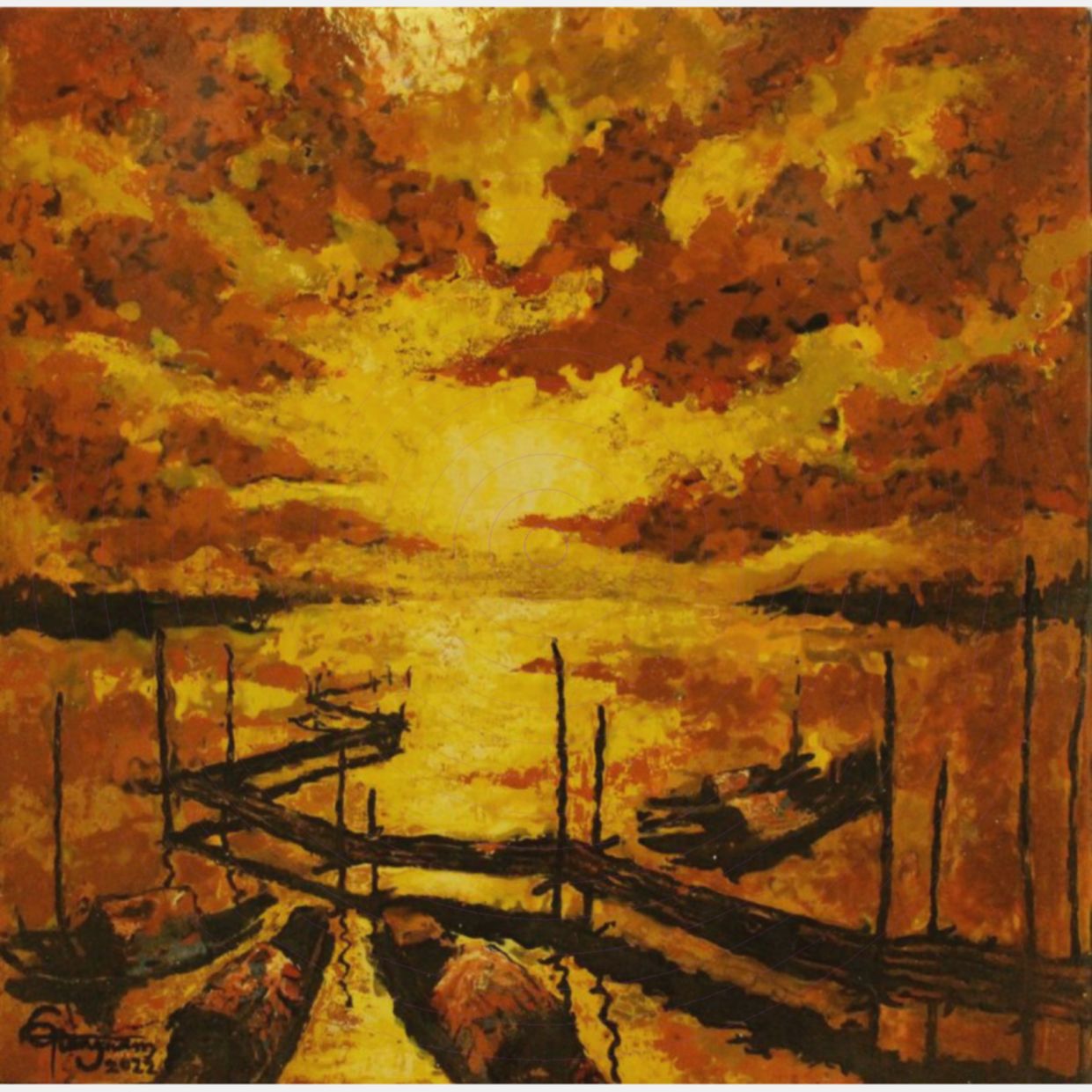 Tranh Sơn Mài Chiều Bến Sông 3 độc bản chất lượng cao 50x50cm 