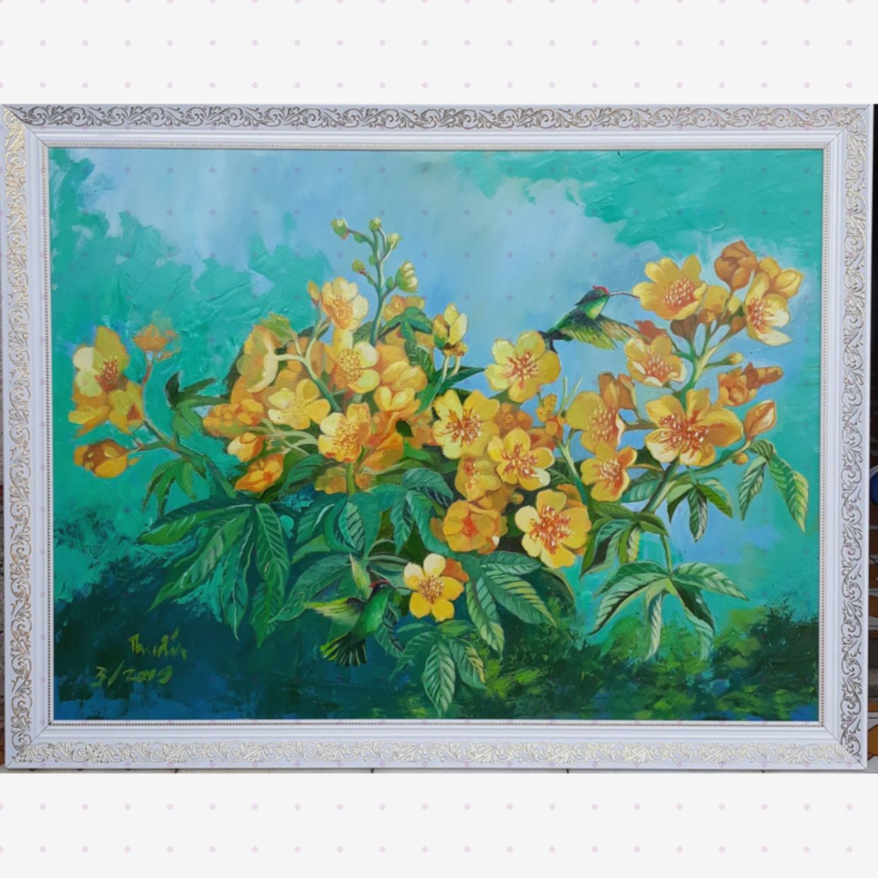Tranh Hoa Xuân Hoàng Thuấn hoa mai giảo sơn dầu đẹp 60x80cm 