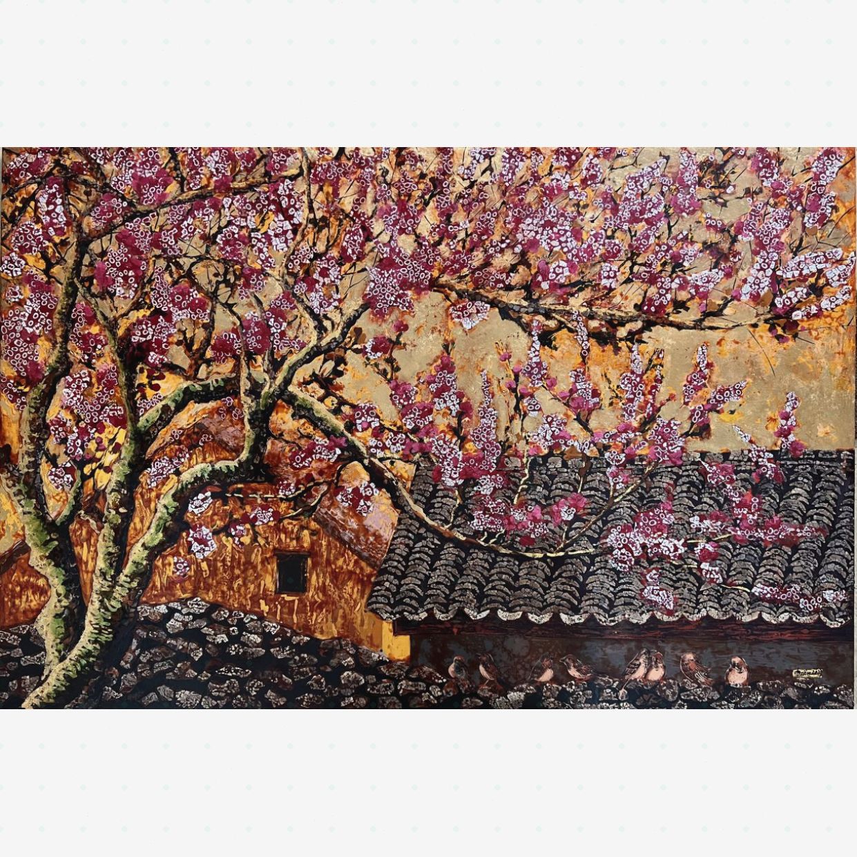 Tranh Sơn Mài Xuân Hồng 110x150cm độc bản, sang trọng, quà tặng đẳng cấp 
