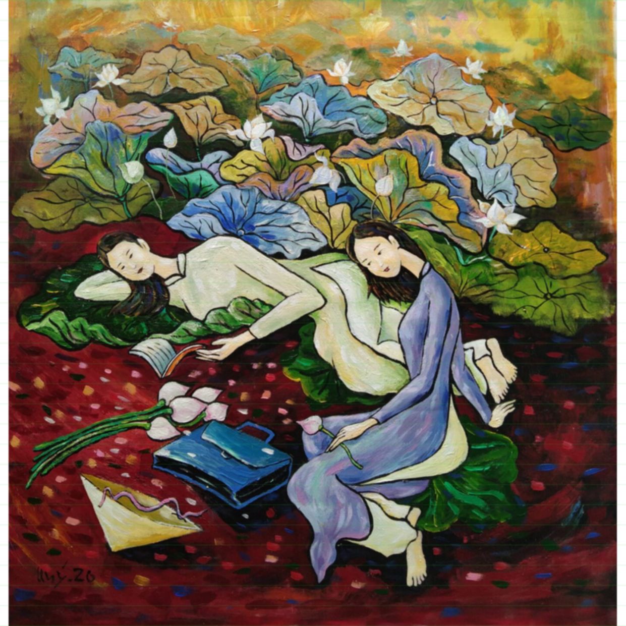 Tranh Nữ Sinh Ngày Hạ 75x75cm Acrylic Màu Sắc Tươi Sáng 