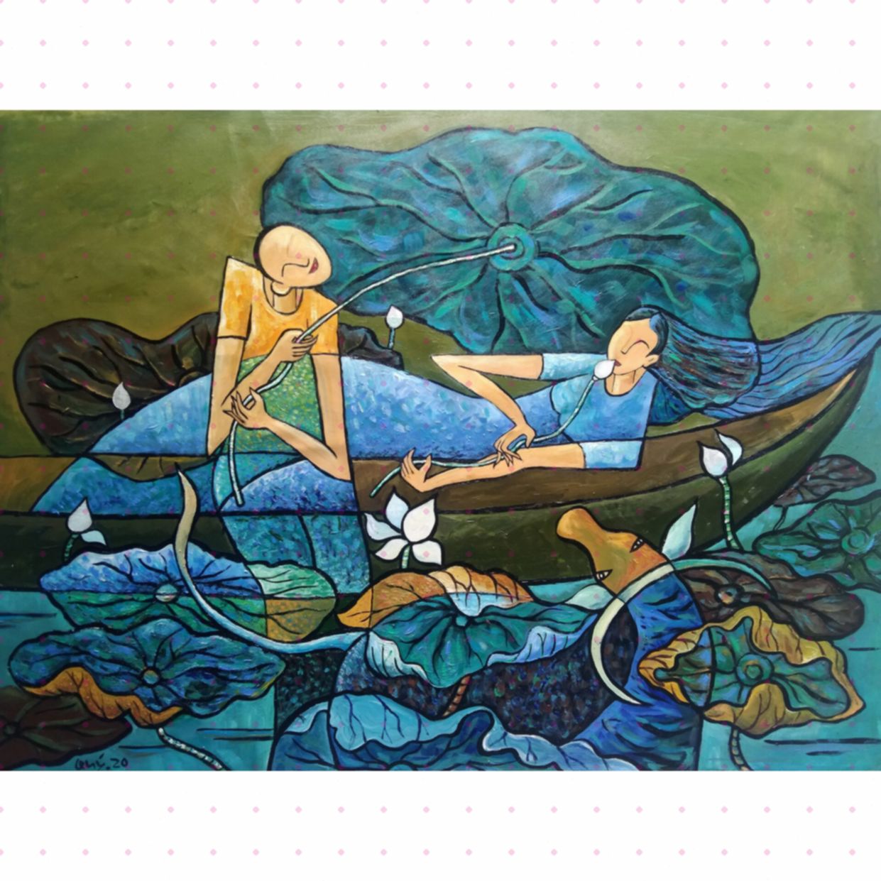 Tranh Tình Duyên Quê Quang Quý 80x100cm Acrylic đẹp 