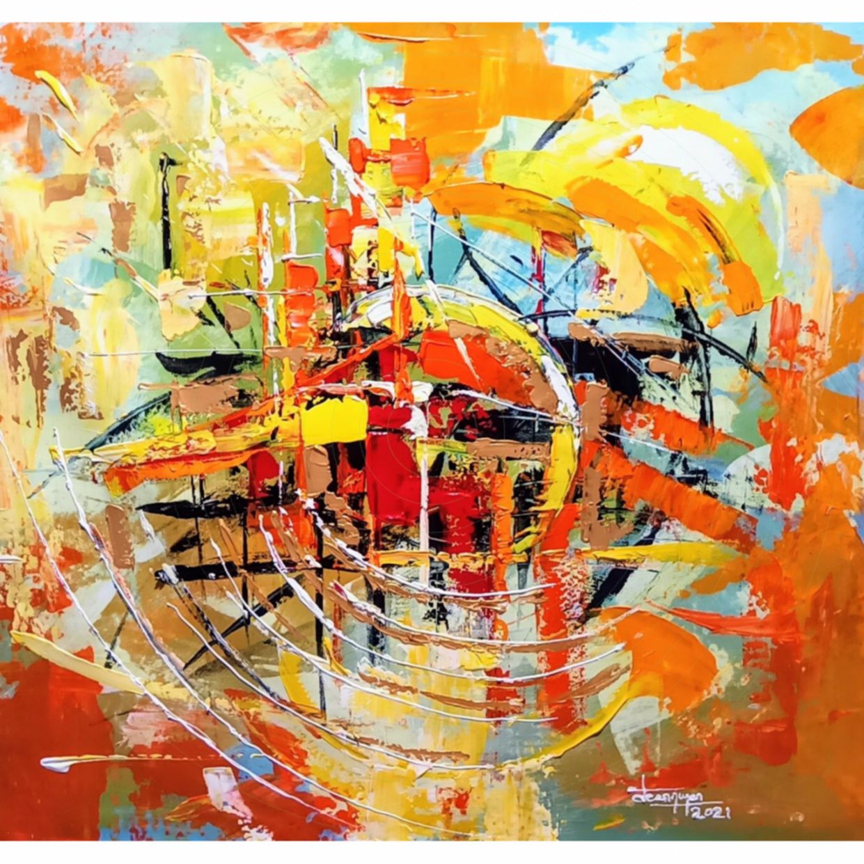 Tranh Trừu Tượng Tiếng Chuông Chiều Acrylic 60x60cm Độc Bản Sang Trọng 