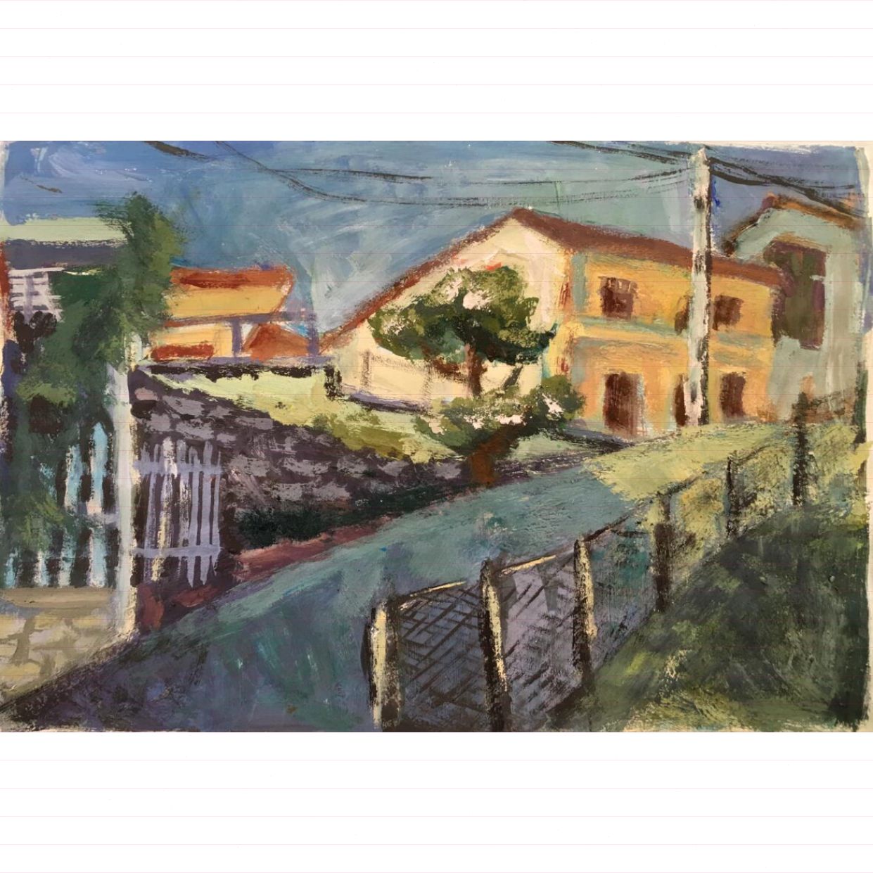 Tranh phong cảnh xanh đẹp A4 chất liệu gouache trang trí phòng 