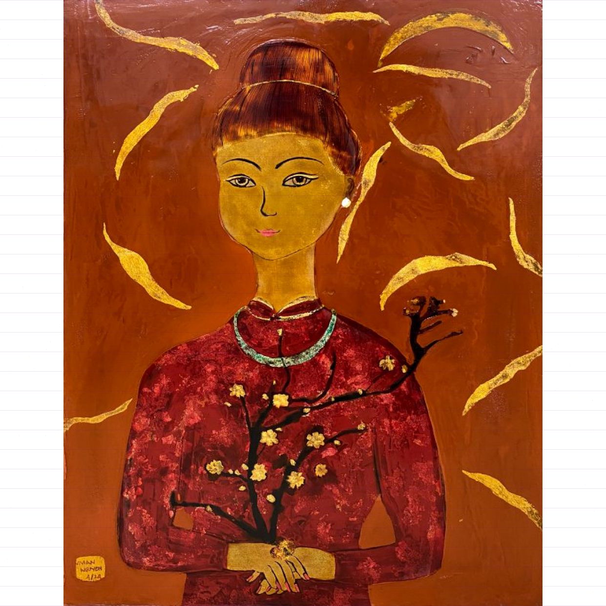 Tranh Sơn Mài Thiếu Nữ Mai Xuân Độc Bản Chất Lượng Cao 45x60cm 