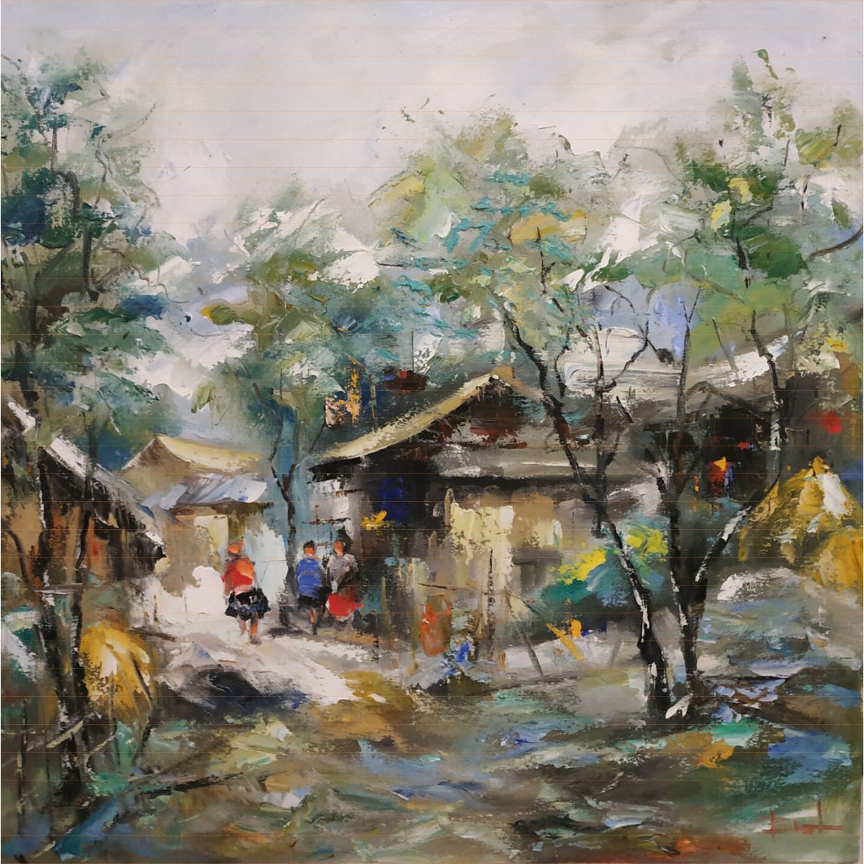 Tranh Phong Cảnh Bản Nhỏ Sơn Dầu 100x100cm Đẹp Sang Trọng 
