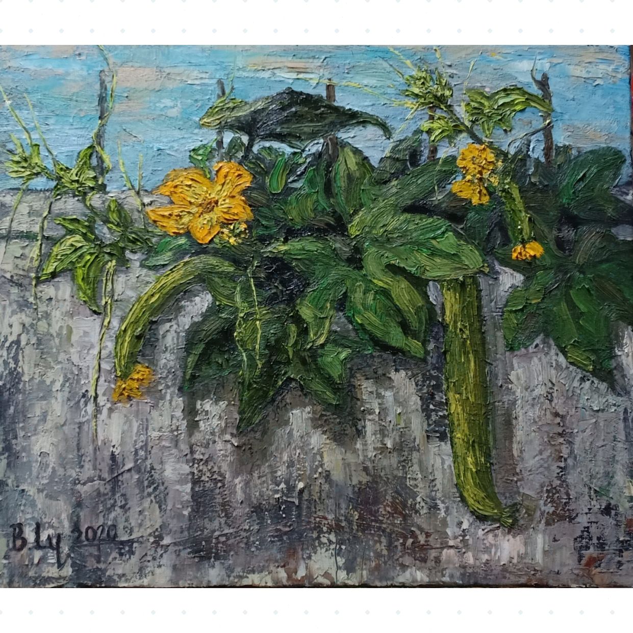 Tranh Mướp Leo Tường Sơn Dầu 50x60cm Trang Trí Sang Trọng 