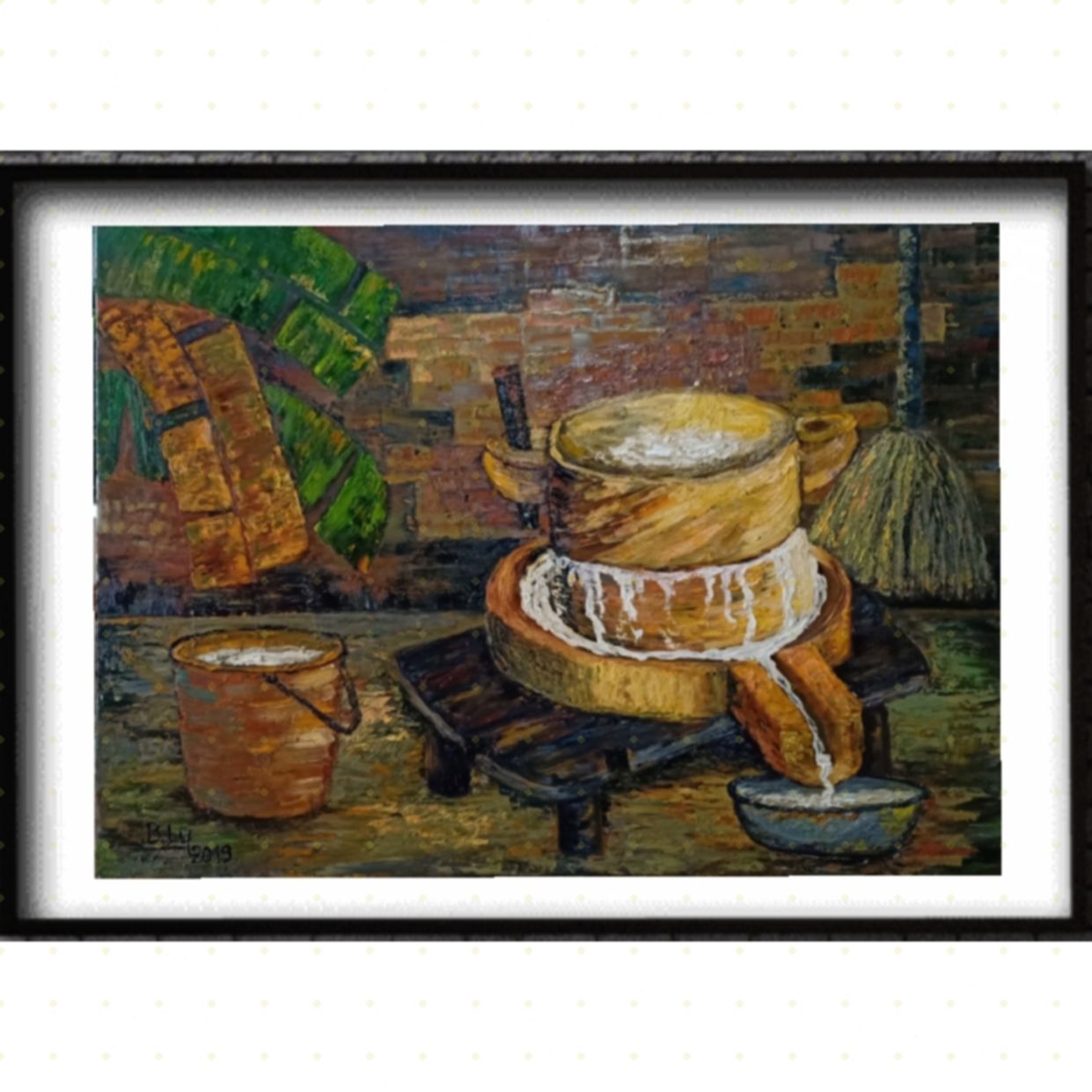 Tranh Cái cối đá Sơn dầu 80x110cm Nghệ thuật độc đáo Trang trí nhà 