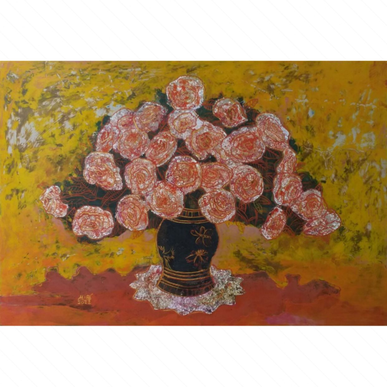 Tranh Hoa Chờ sơn mài độc bản 50x70cm chất lượng cao 2022 