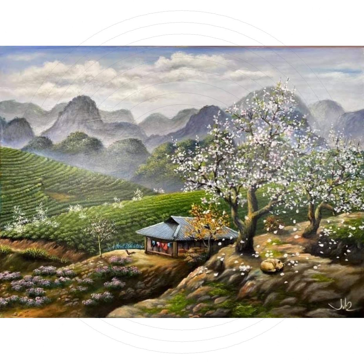 Tranh Hoa Ban Đồi Chè 90x120cm Acrylic Vải Toan Đẹp 