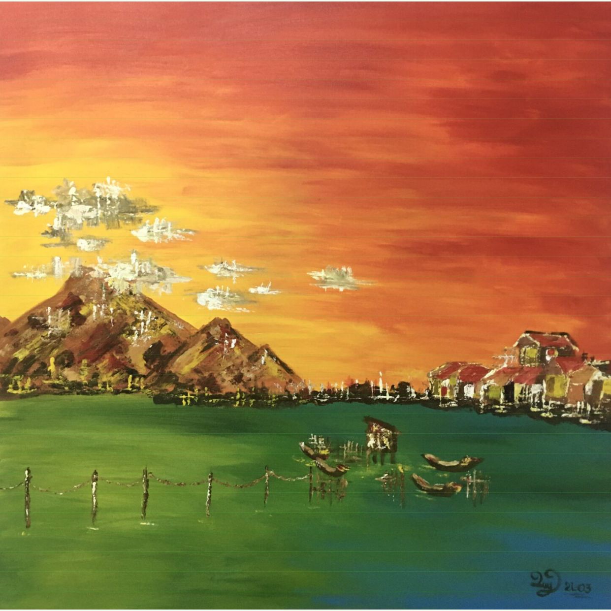 Tranh Hoàng Hôn Trên Đầm 70x70cm Khung Sắcxi Sang Trọng 