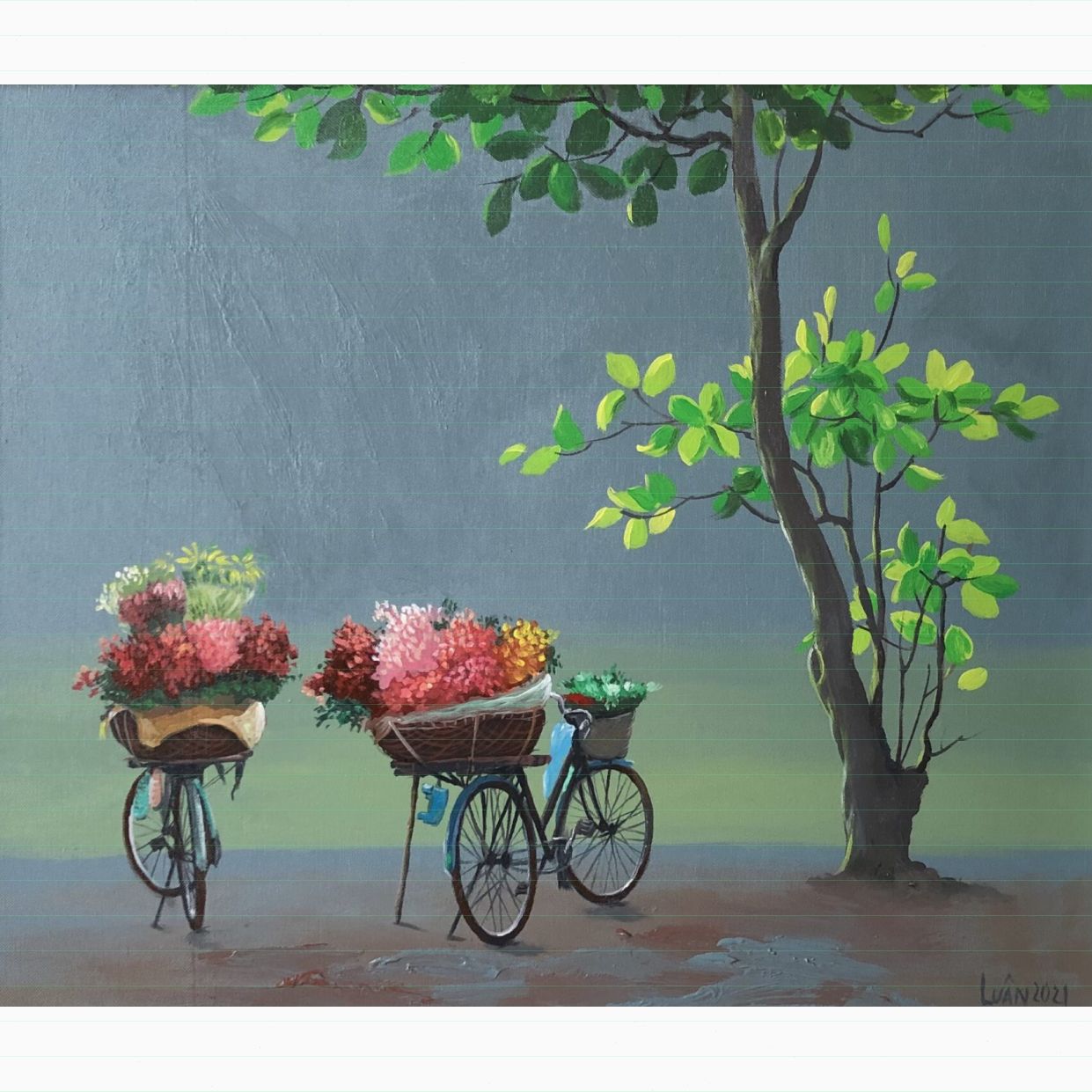 Tranh Phong Cảnh Hoa Góc Phố 50x60cm độc bản acrylic sang trọng 
