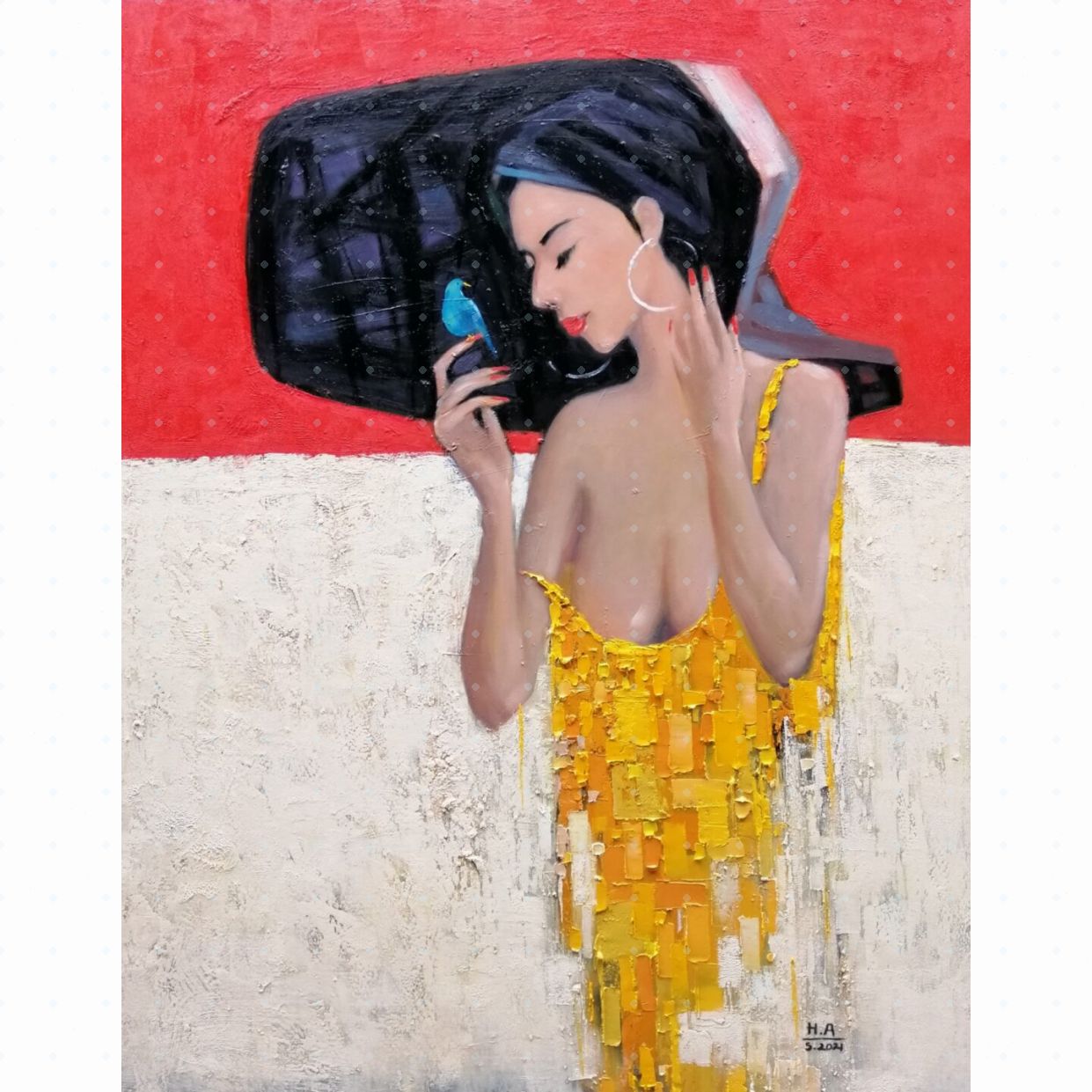Tranh Sơn Dầu Em và Chim Độc Bản, Kích Thước 120x140cm 
