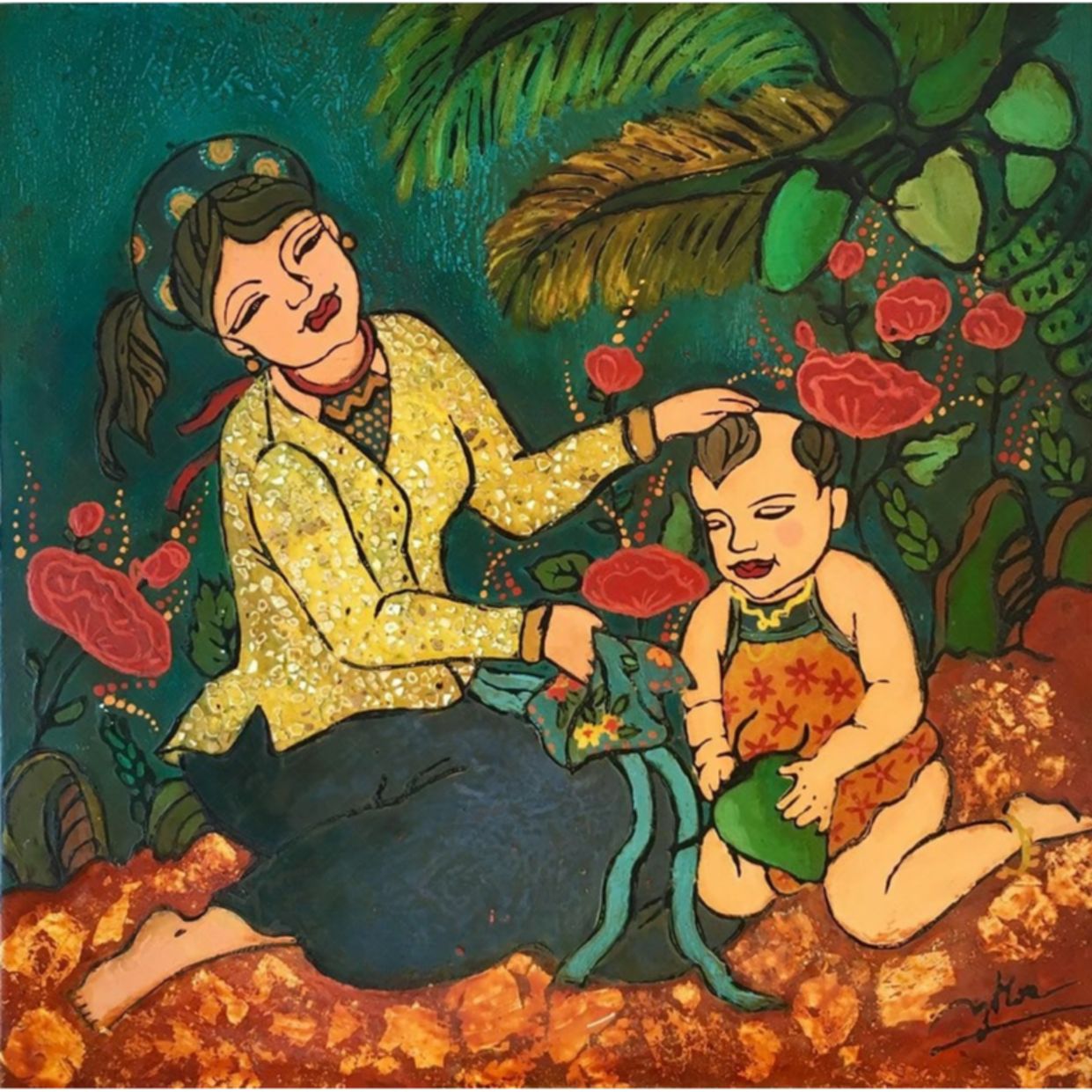 Nguyễn Hoa Tranh Trưa Hè Sơn Mài 50x50cm Đẹp Sang Trọng 