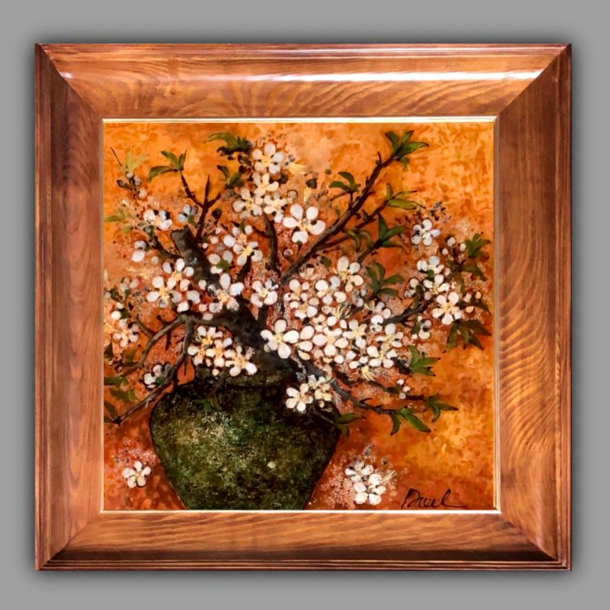 Tranh Sơn Mài Hoa Cành Mận Độc Bản Sang Trọng 40x40cm 