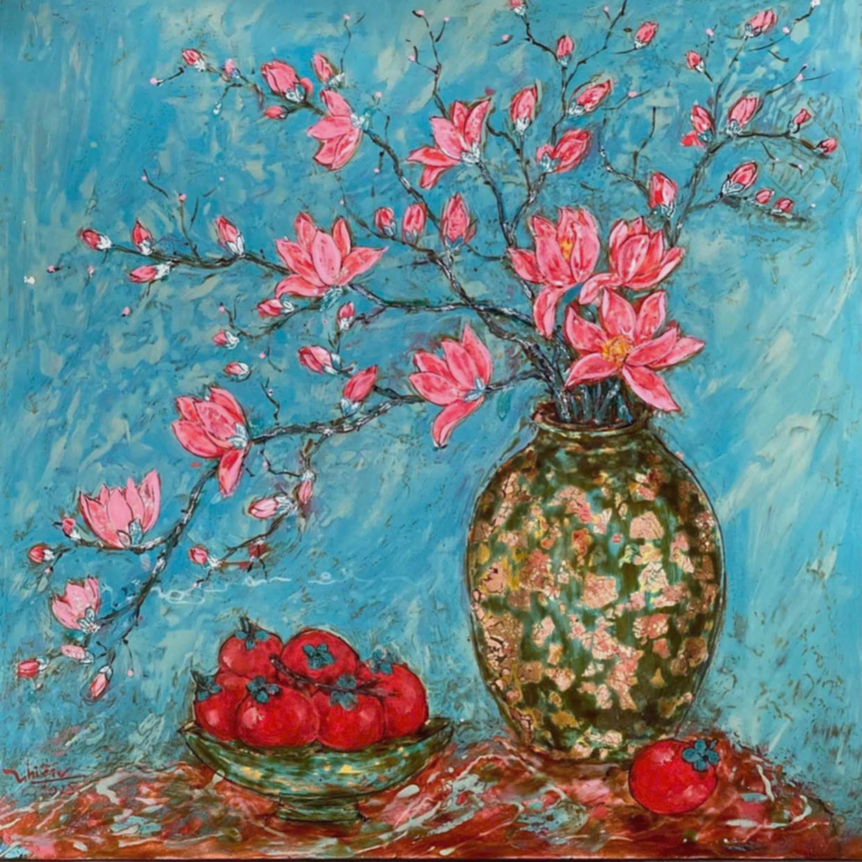 Tranh Sơn Mài Trên Bàn Có Xuân 60cm x 60cm Độc Bản Sang Trọng 