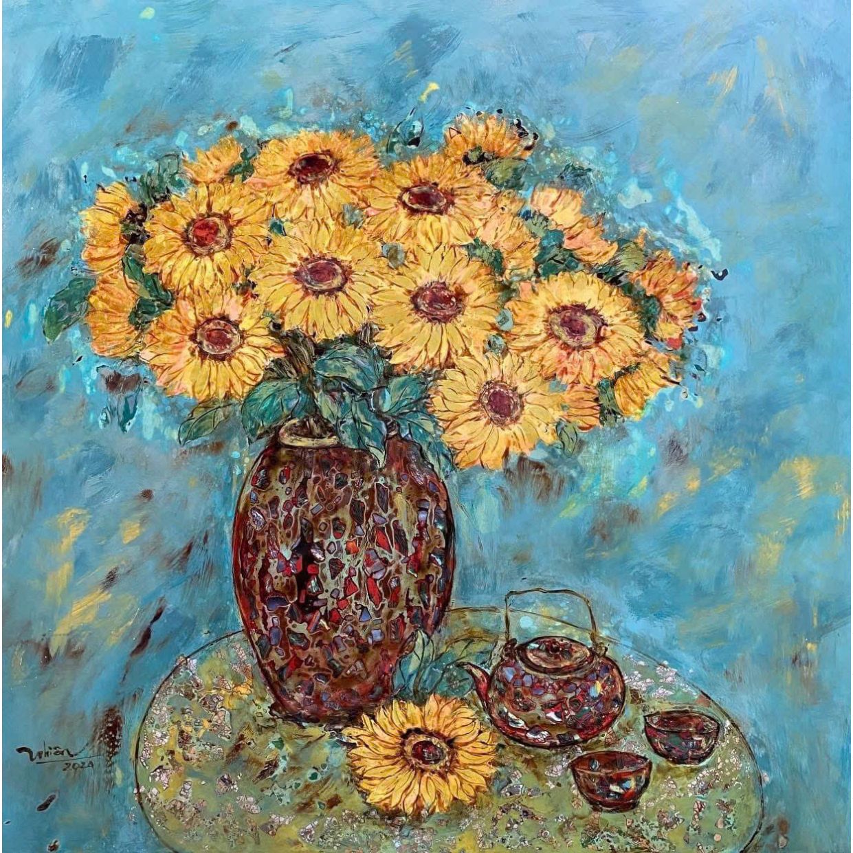 Tranh Sơn Mài Hoa Hướng Dương 60x80cm Độc Bản Sang Trọng 