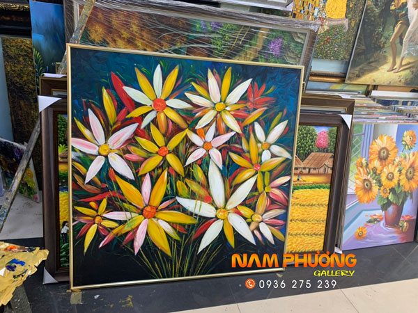 Tranh sơn dầu hoa trừu tượng 100% tay vẽ trang trí đẹp mắt