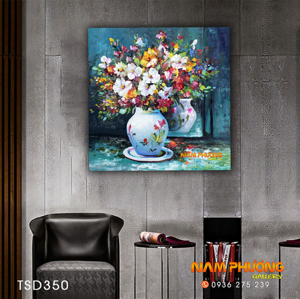 Tranh sơn dầu hoa cúc đẹp sang trọng TSD350 khung gỗ 60x60