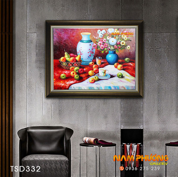 Tranh sơn dầu quả táo trên bàn 80x60cm tranh treo tường đẹp