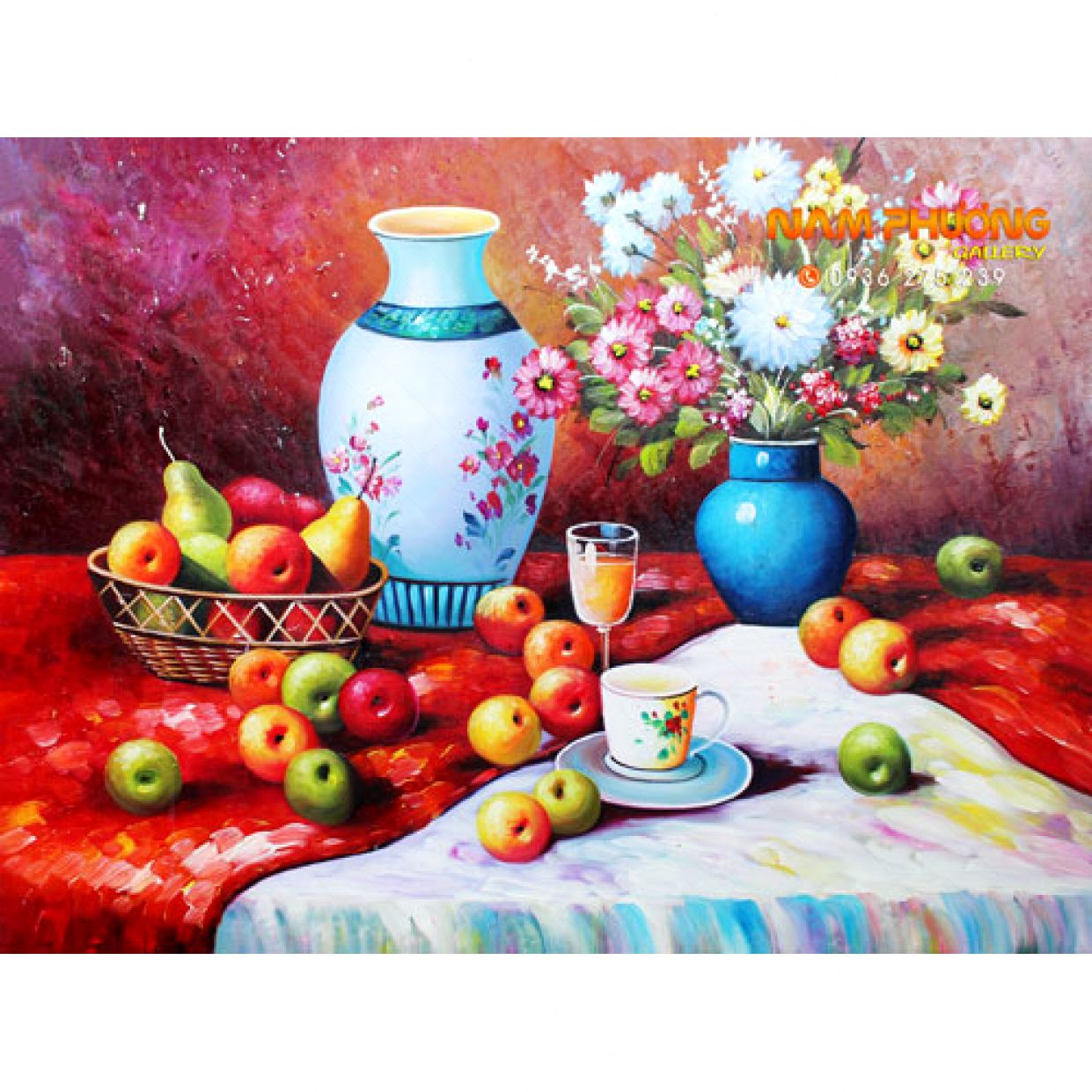 Tranh sơn dầu quả táo trên bàn 80x60cm tranh treo tường đẹp 