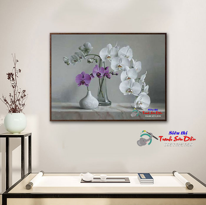 Tranh sơn dầu bình hoa lan đẹp tặng trang trí phòng Minh Hưng