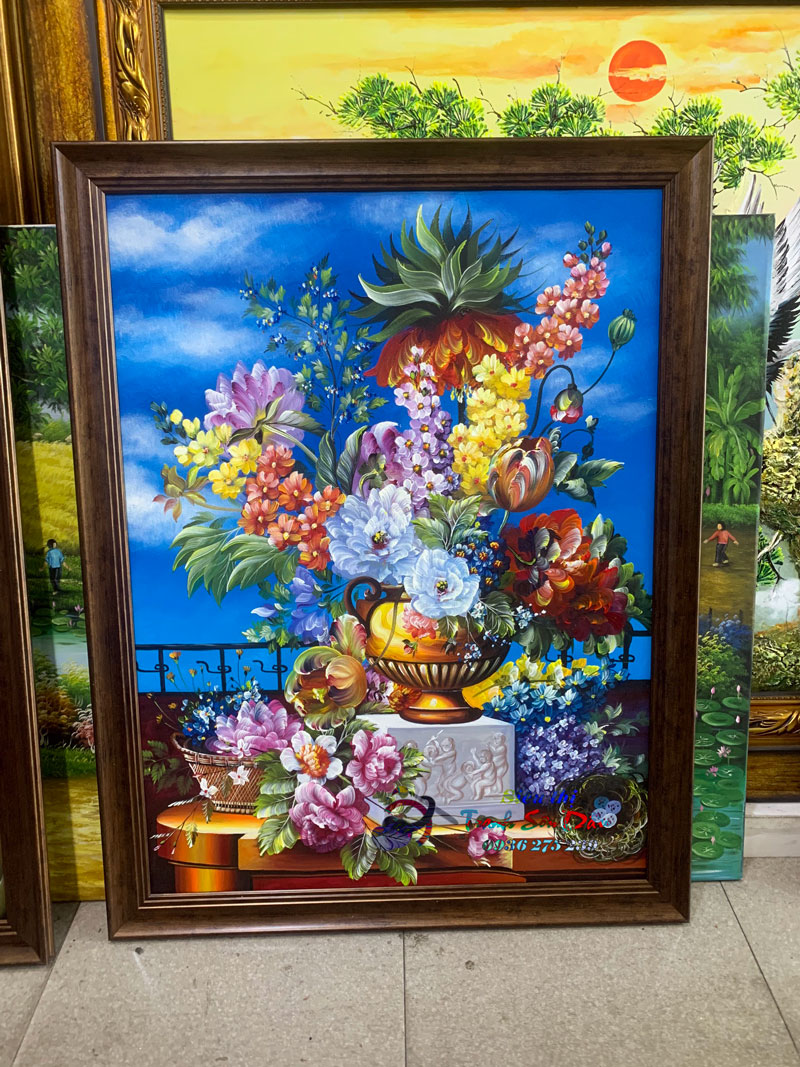 Tranh bình hoa mẫu đơn sắc màu 90x70 tinh tế sang trọng