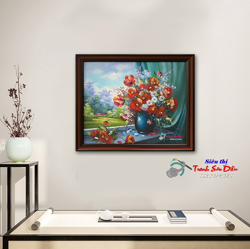 Tranh bình hoa cửa sổ đẹp handpaint, màu sắc chân thực