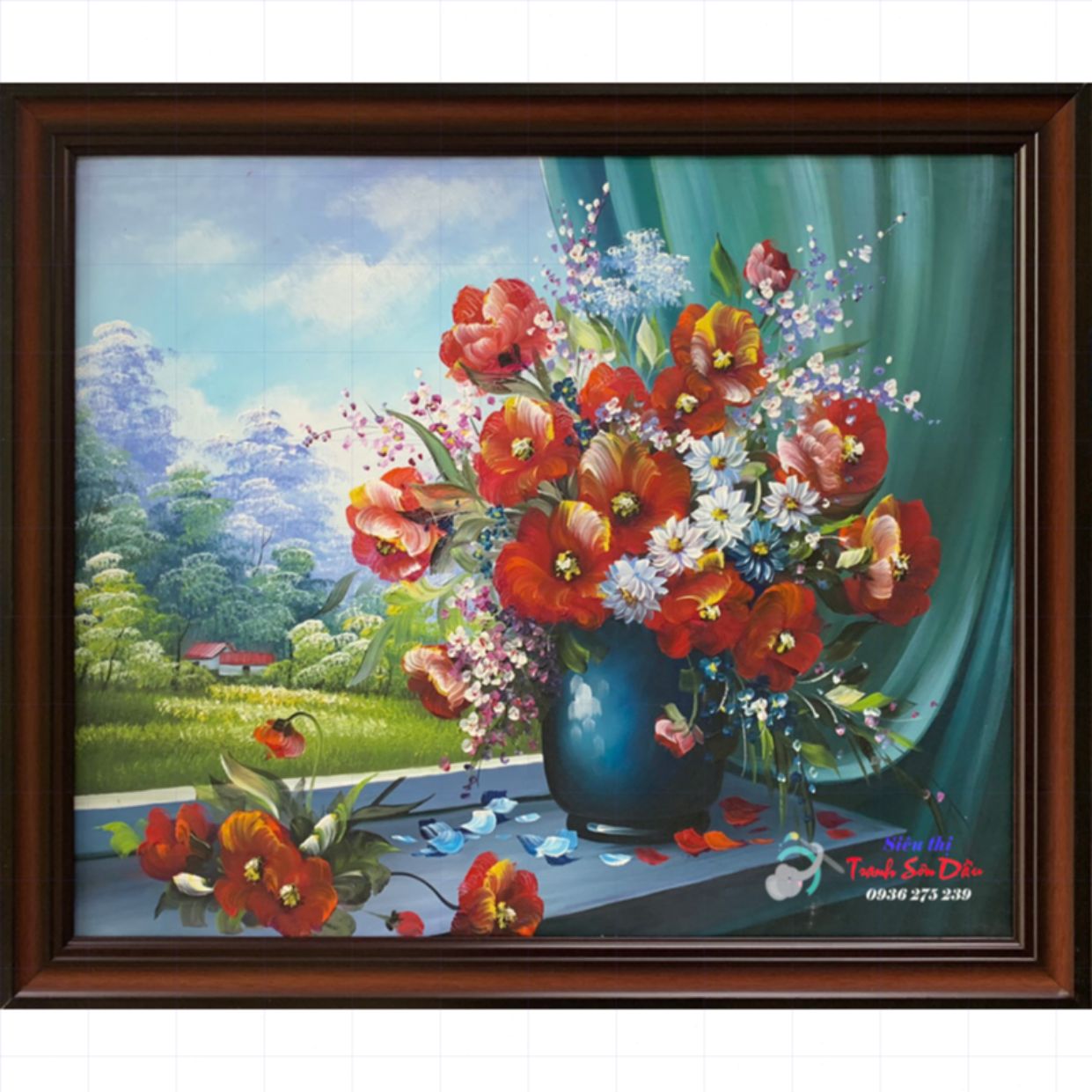 Tranh bình hoa cửa sổ đẹp handpaint, màu sắc chân thực 