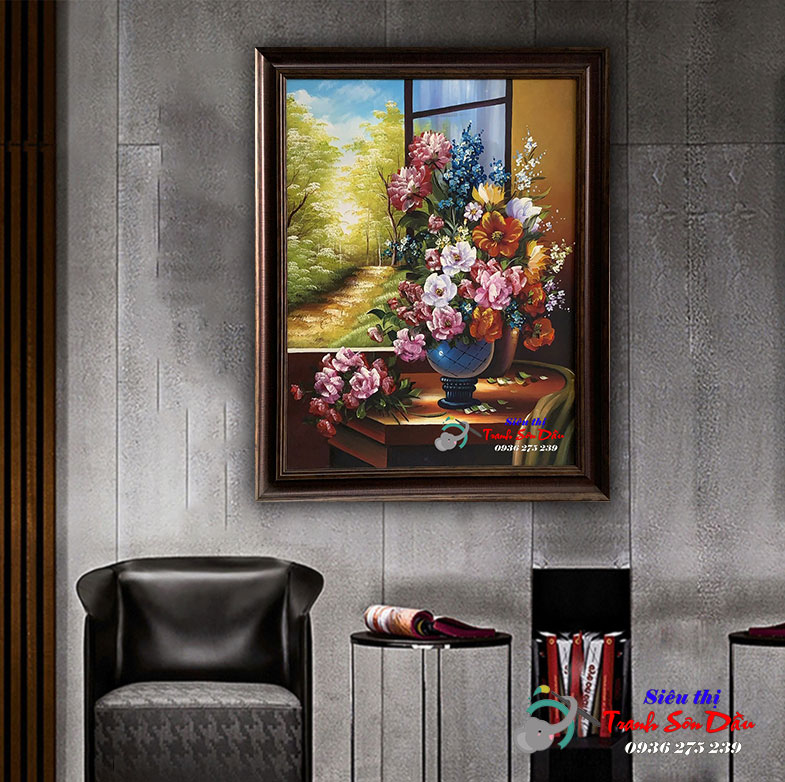 Tranh sơn dầu hoa mẫu đơn đẹp Minh Hưng Gallery, canvas khung gỗ