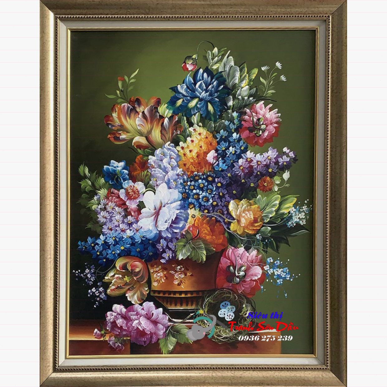 Tranh sơn dầu hoa mẫu đơn đẹp Minh Hưng Gallery, canvas khung gỗ 