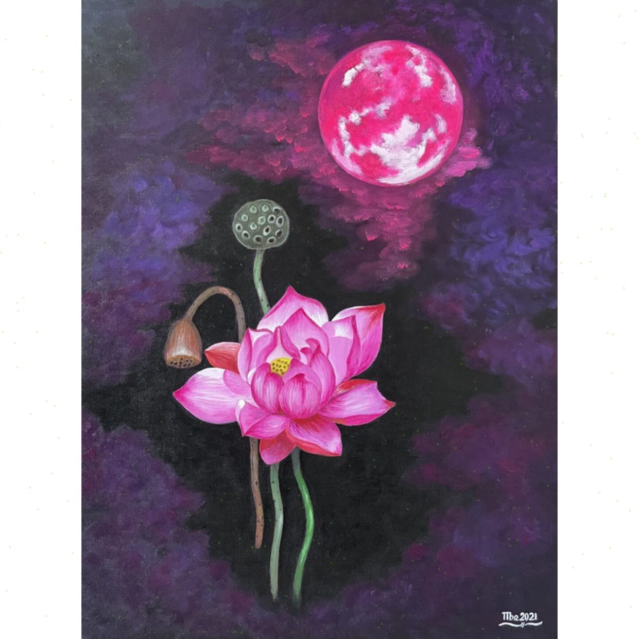 Tranh Sơn Dầu Trăng Hồng Acrylic Canvas 60x80 Chuẩn Gốc 