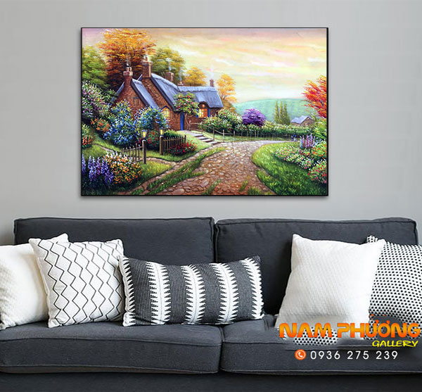 Tranh phong cảnh làng quê châu Âu sơn dầu đẹp TSD388 mua ngay