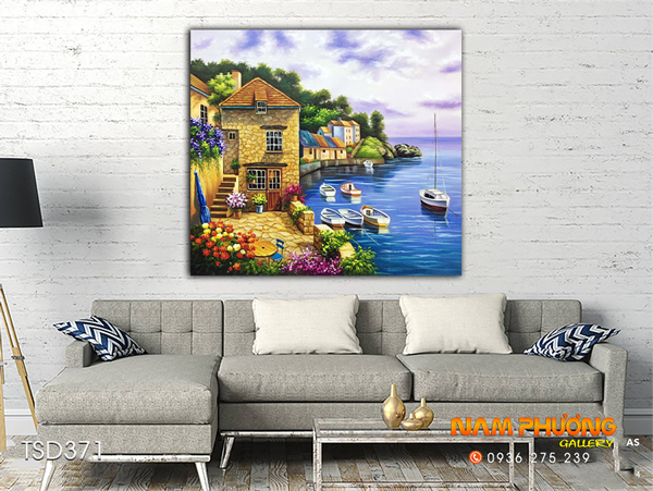 Tranh phong cảnh bề sông Châu Âu TSD371 tranh sơn dầu đẹp sang trọng
