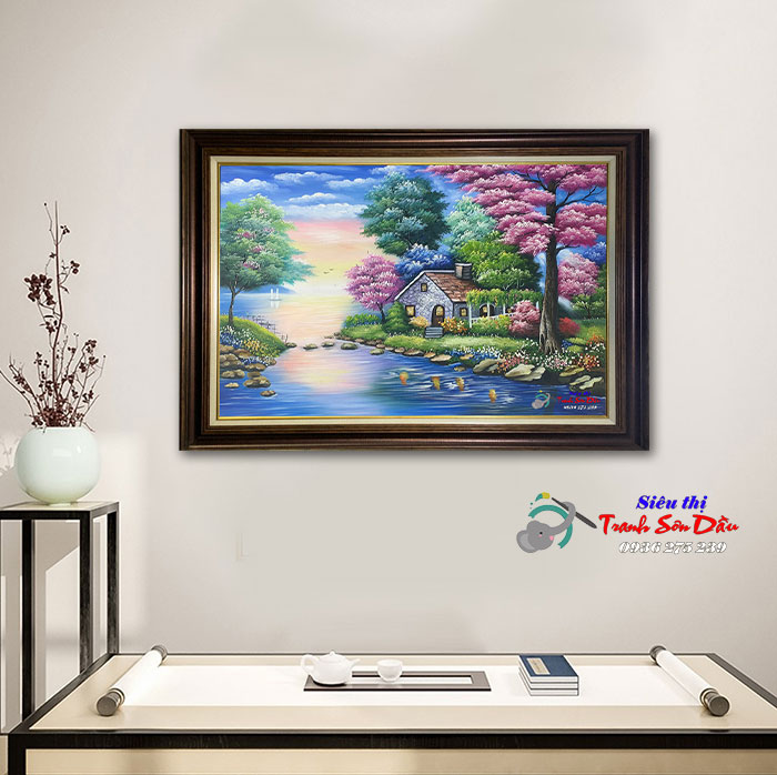 Tranh sơn dầu phong cảnh hồ nước châu âu 90x60 đẹp sang trọng