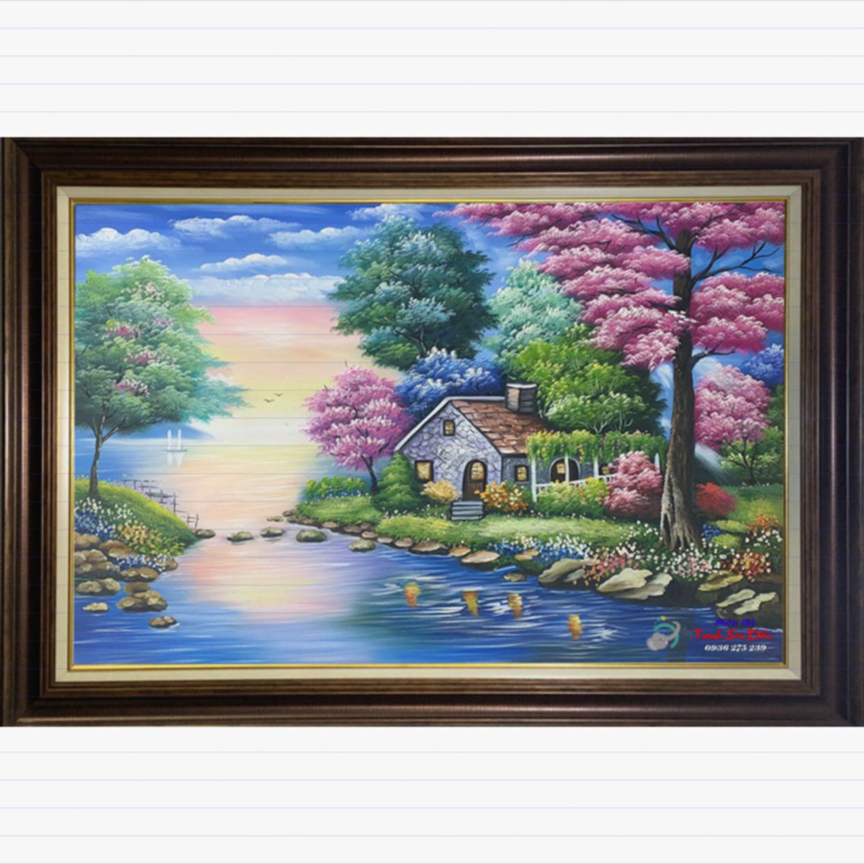 Tranh sơn dầu phong cảnh hồ nước châu âu 90x60 đẹp sang trọng 