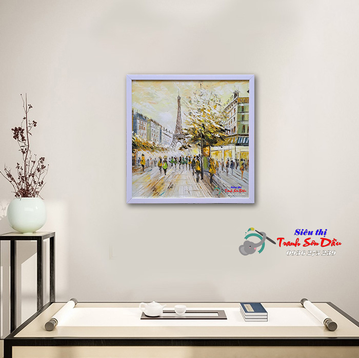 Tranh phong cảnh Tháp Eiffel sơn dầu 60x60cm đẹp độc đáo